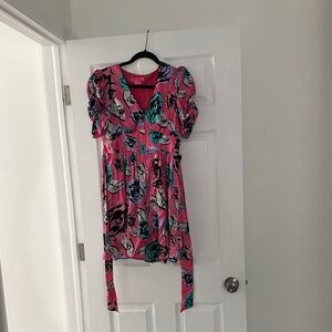 Betsey Johnson Pink Floral V-Neck Dress with Teal & Purple Accents